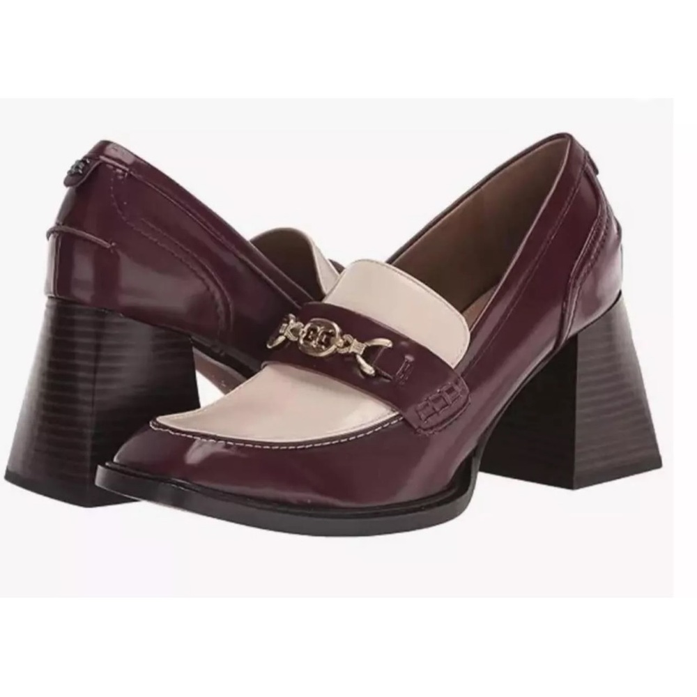 Sam Edelman Quincy Burgundy White Faux Leather Block Heel Loafer Pumps Size 7.5M